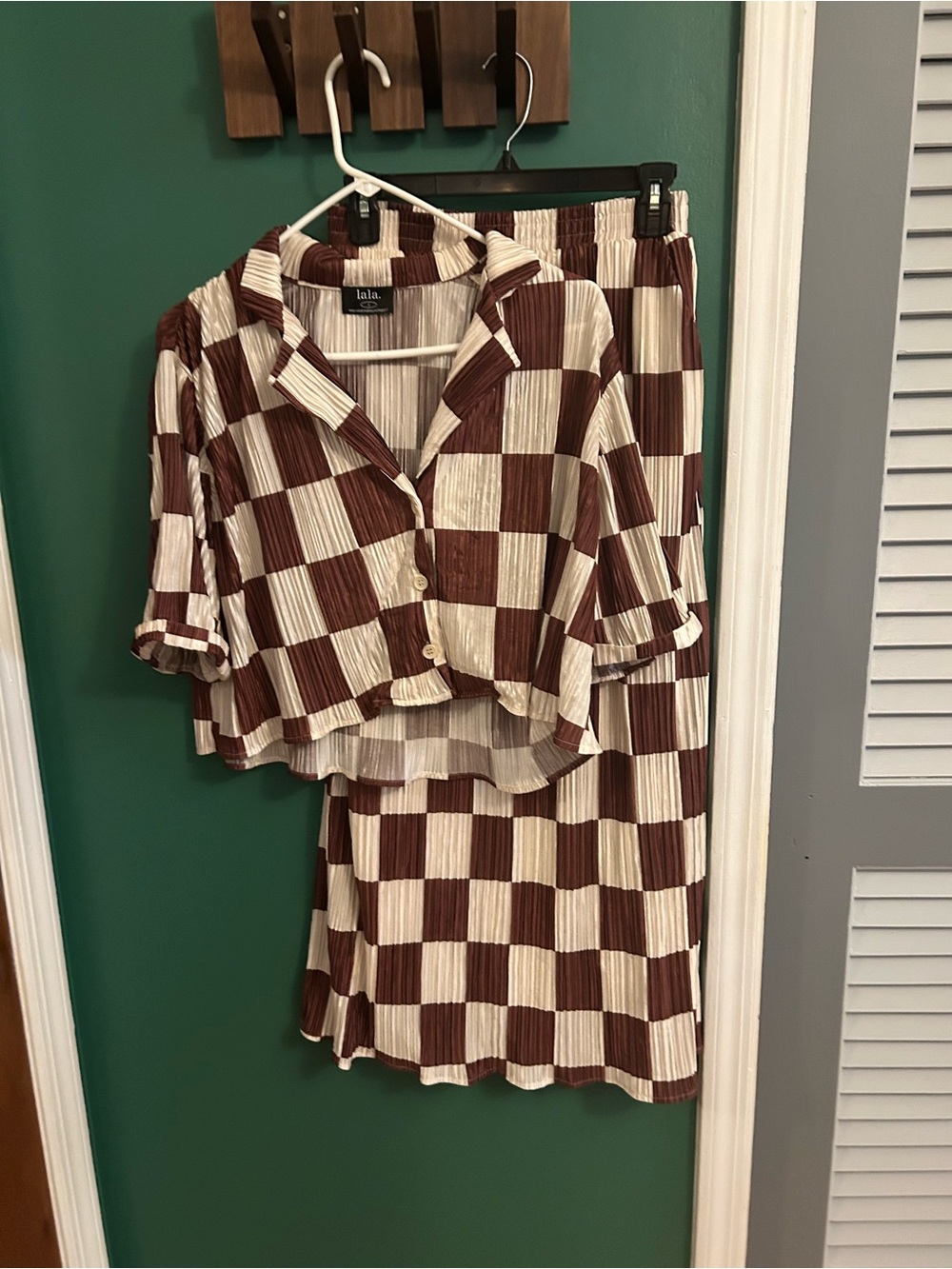 Dressed in LALA Pleated Checkerboard Top in Brown and Cream